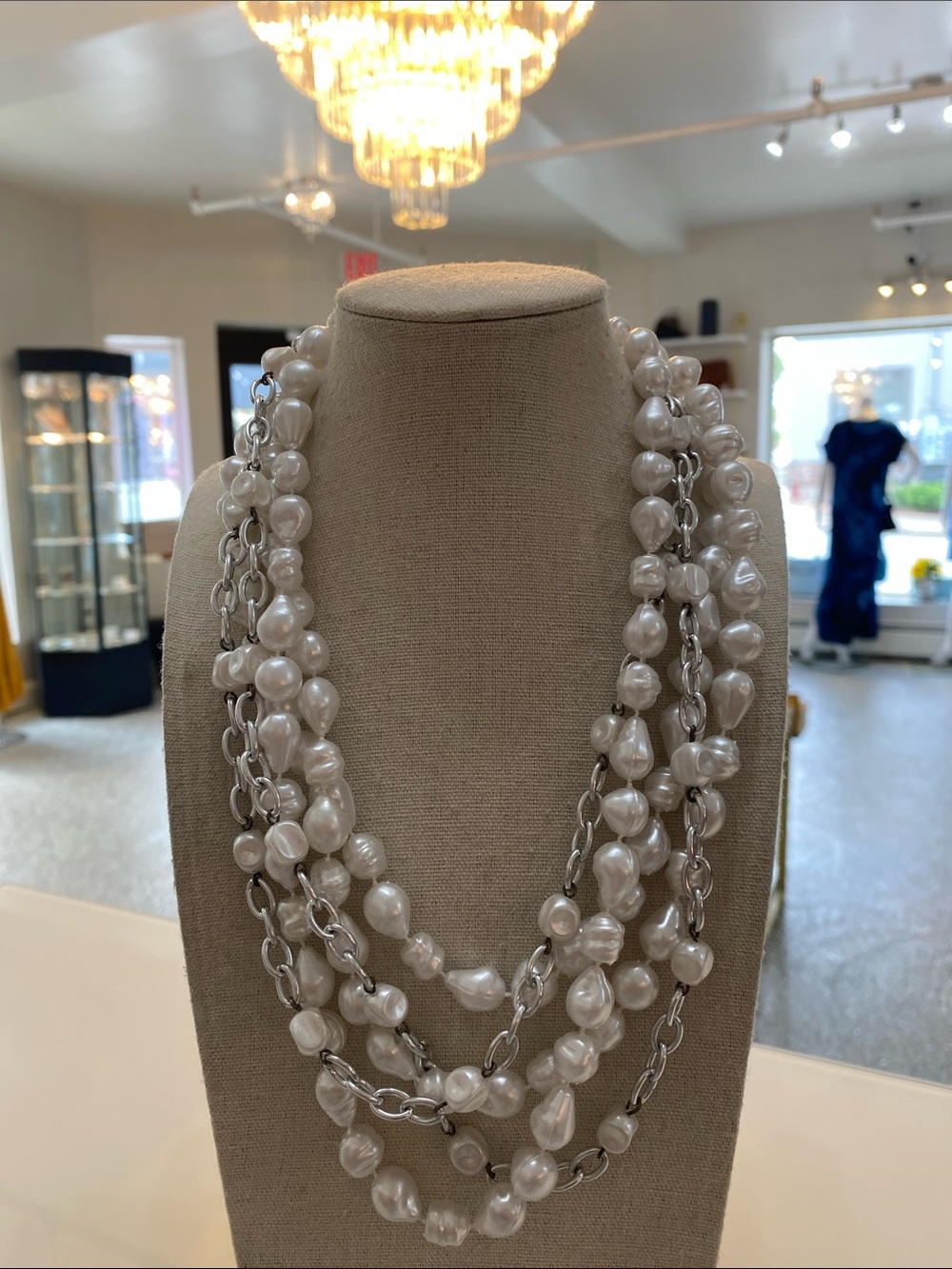 Elegant Multi-Strand White Faux Pearl and Silver Chain Necklace